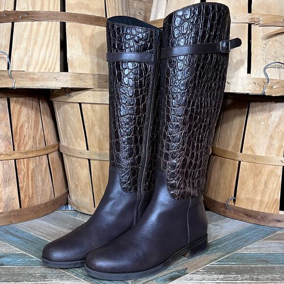 Clarks Hopedale Wish Brown Croc Embossed Leather Tall Riding Boots Womens Size 8 - Picture 3 of 16